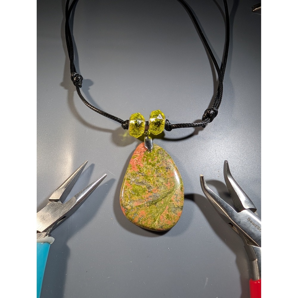Unakite Stone Pendant Adjustable Cord Necklace Green Pink Gemstone Boho Jewelry